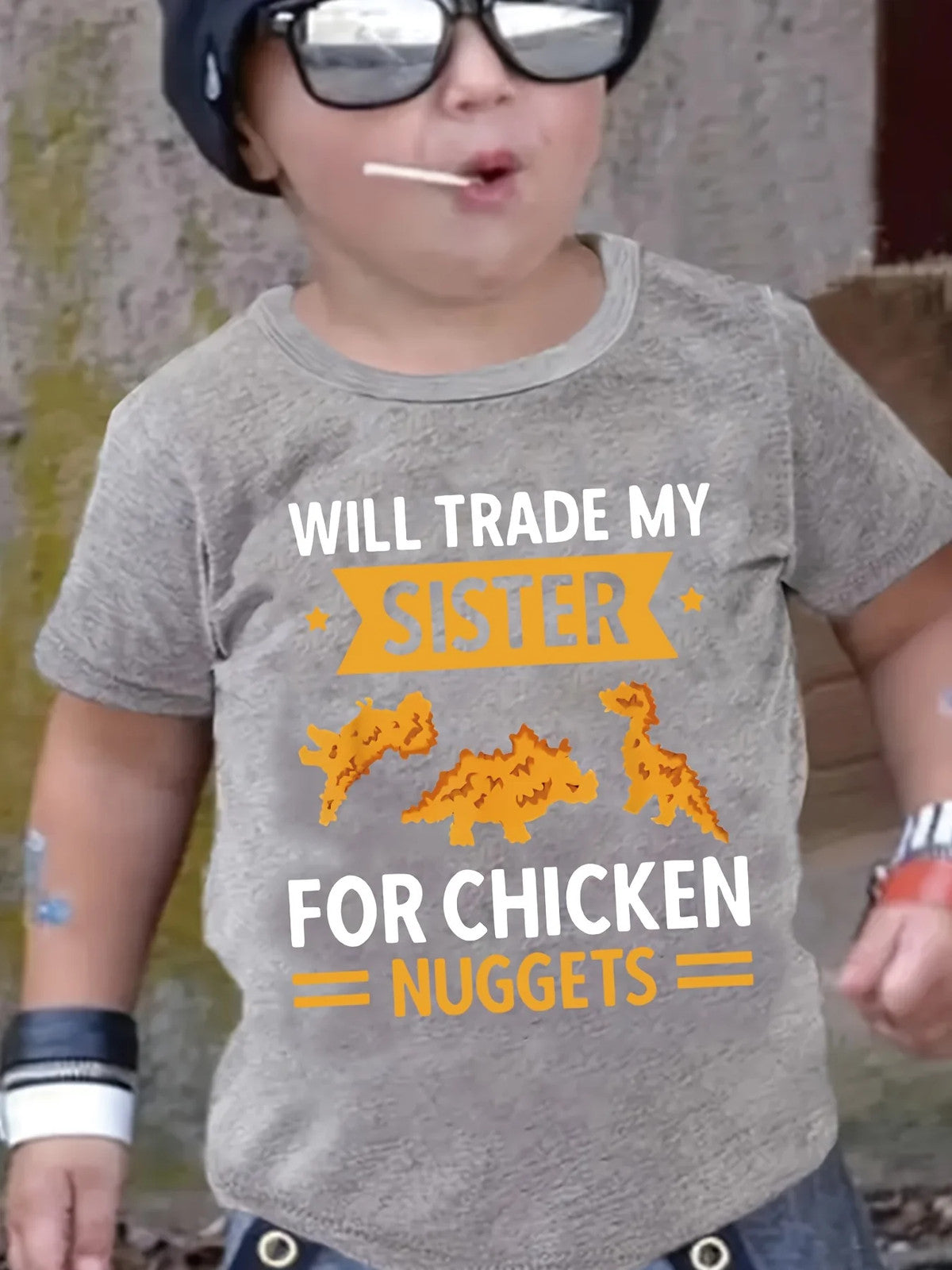 Boys Casual Crew Neck T-Shirt - Cartoon Chicken Nugget Dinosaur Print