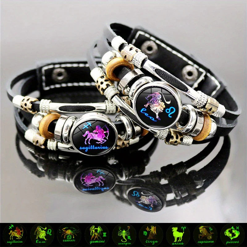 12 Zodiac Signs Luminous Faux Leather Bracelet - Handmade Multi-Layer Bead