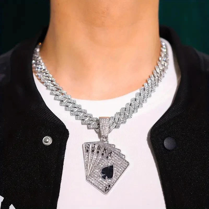 1 Poker Pendant Cuban Chain Necklace and 1 Bracelet Set