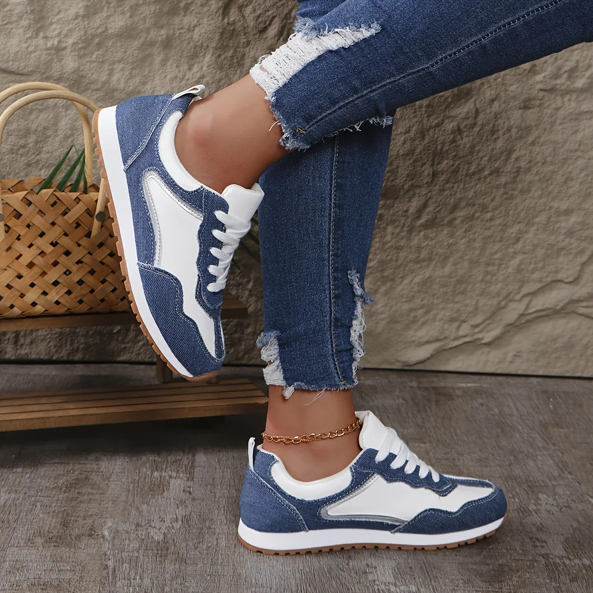 166-2 Blue Cloth White Shoelaces + White PU Versatile Comfortable Fashion