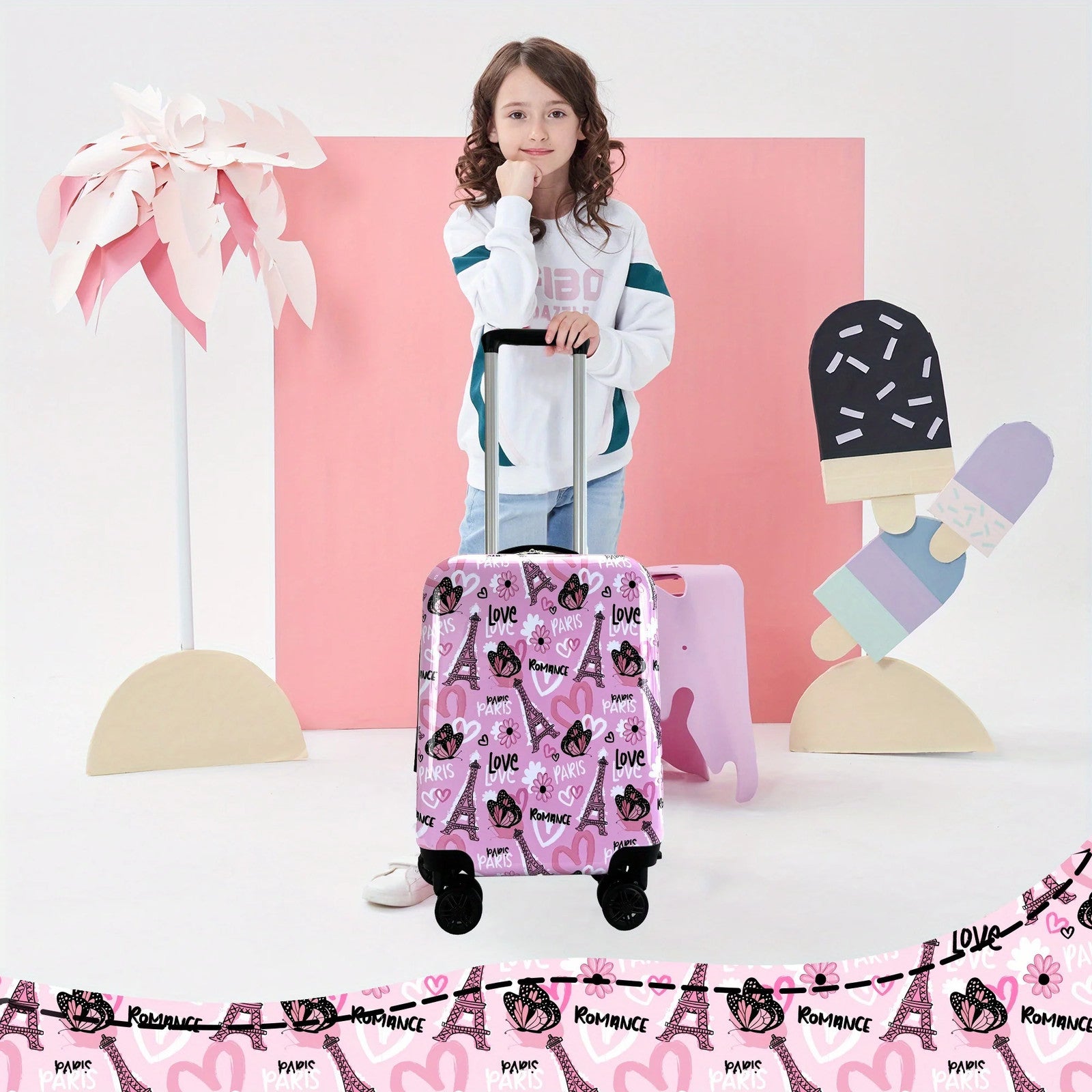 16 INCH Luggage Sets for Girls Cute Pattern with Neck Pillow Rolling Suitcases