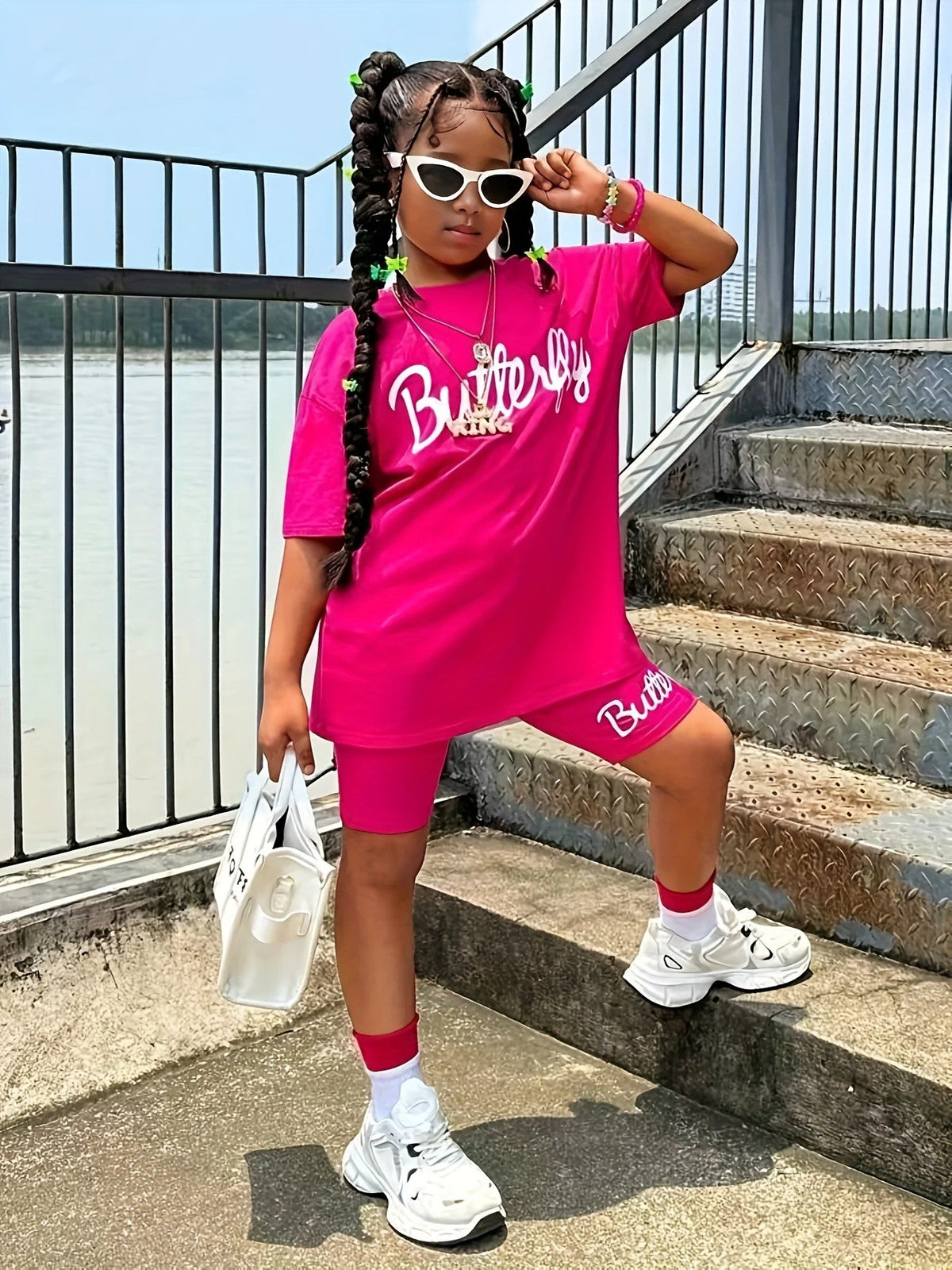 1 Set Girl's Vibrant Butterfly Graphic Tee + Shorts Co-ords Set - Soft,