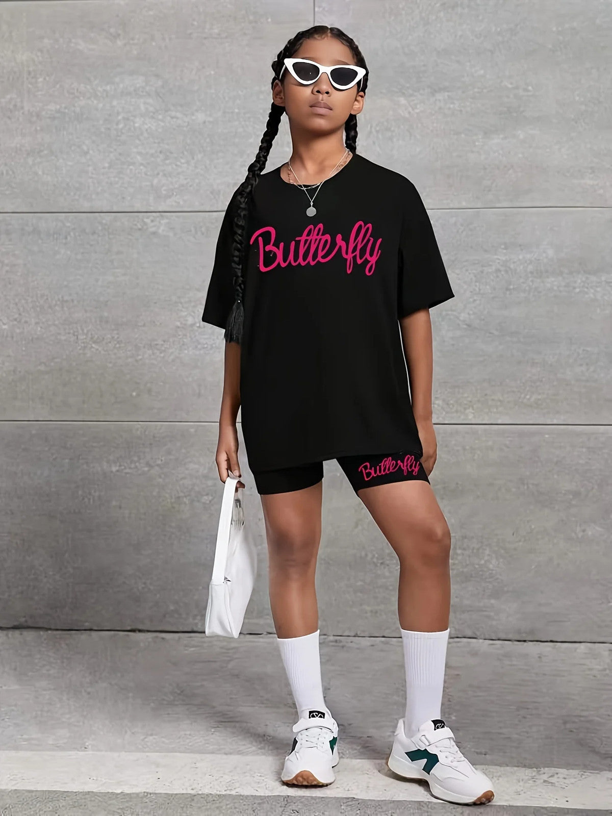 1 Set Girl's Vibrant Butterfly Graphic Tee + Shorts Co-ords Set - Soft,