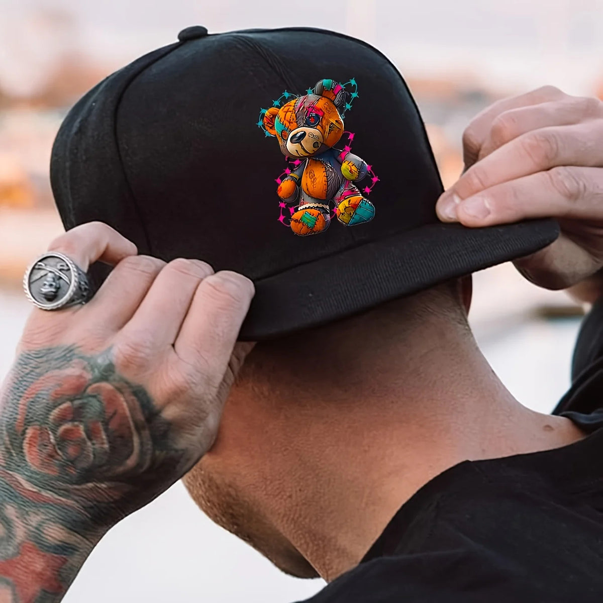 1pc Adjustable Unisex Hip-Hop Baseball Cap with Vibrant Teddy Bear Print -