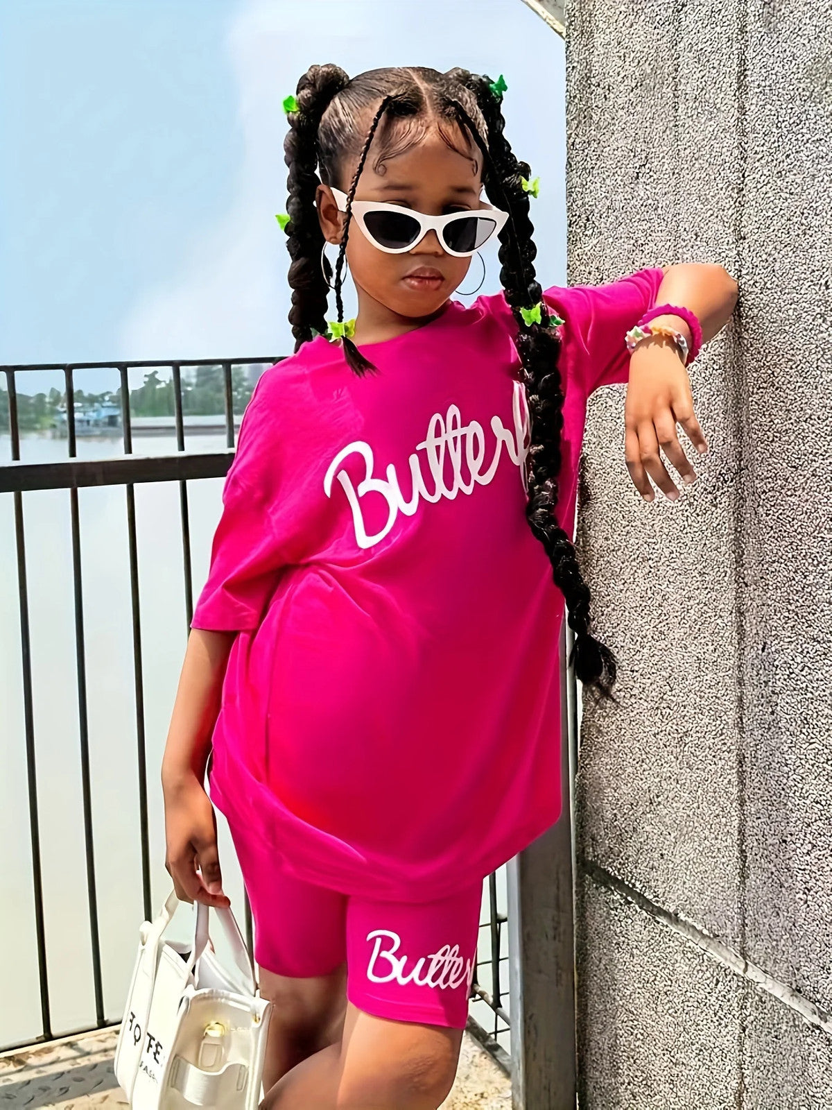 1 Set Girl's Vibrant Butterfly Graphic Tee + Shorts Co-ords Set - Soft,