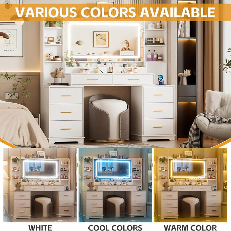 59" Large Vanity Desk with LED Lights Mirror, Makeup Table