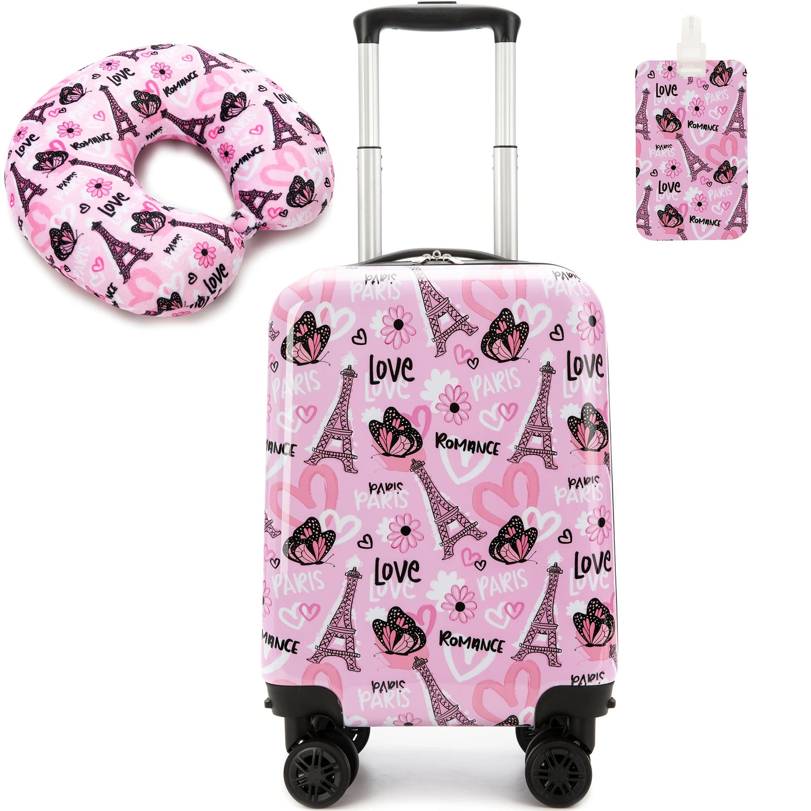 16 INCH Luggage Sets for Girls Cute Pattern with Neck Pillow Rolling Suitcases