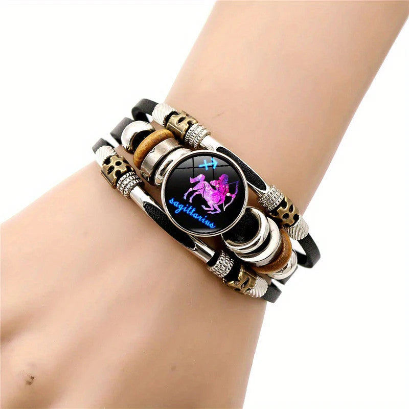 12 Zodiac Signs Luminous Faux Leather Bracelet - Handmade Multi-Layer Bead