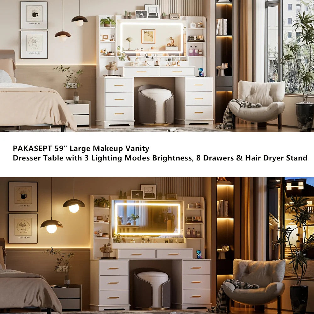 59" Large Vanity Desk with LED Lights Mirror, Makeup Table