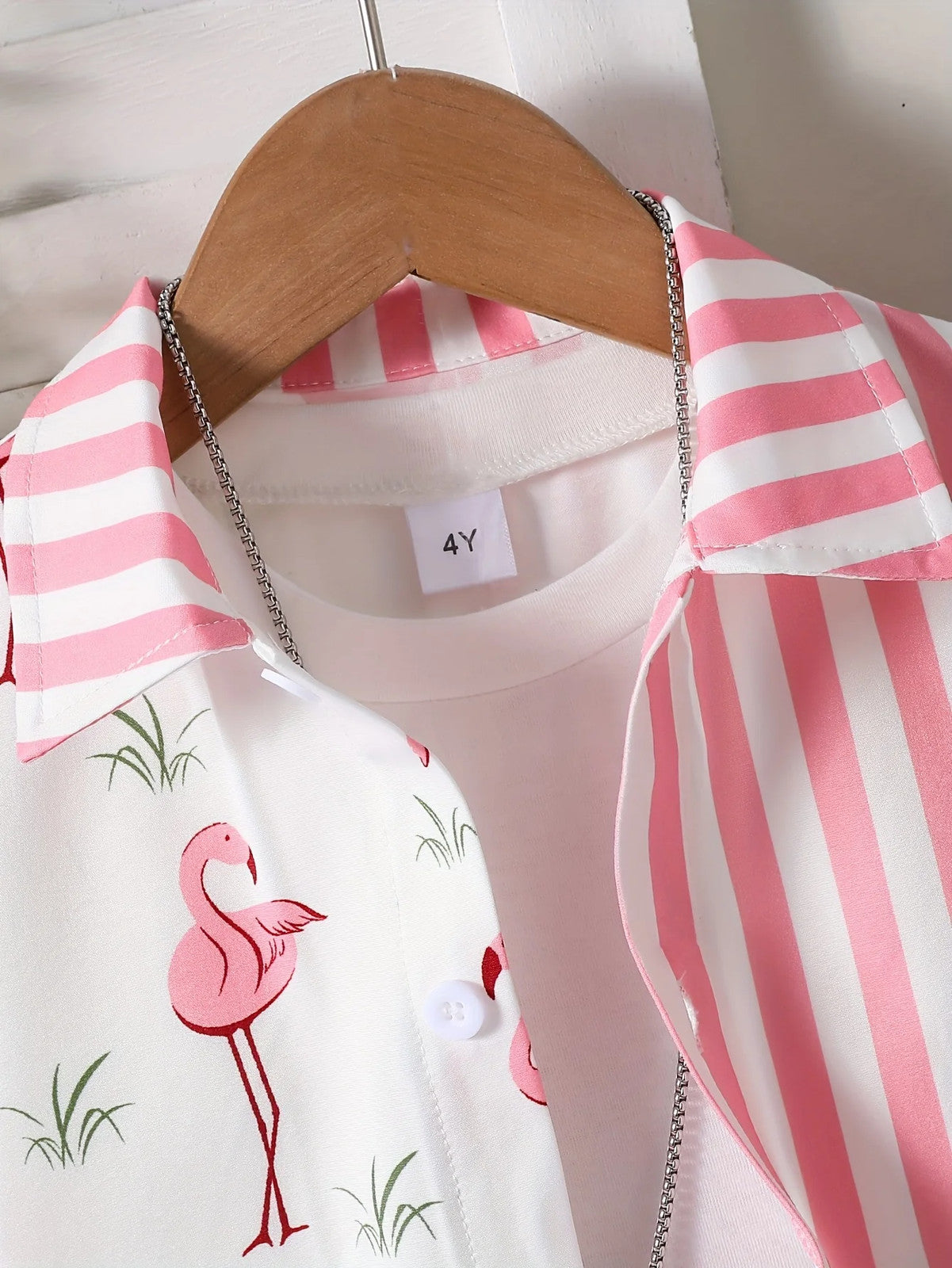 1 set (2pcs) - Youngsters'S Flamingo Print Short Sleeve Shirt and Shorts Set -