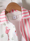 1 set (2pcs) - Youngsters'S Flamingo Print Short Sleeve Shirt and Shorts Set -