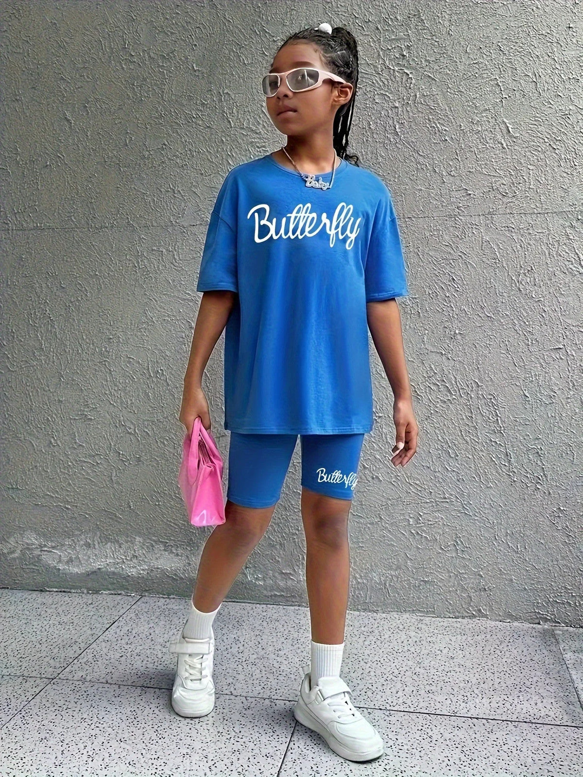 1 Set Girl's Vibrant Butterfly Graphic Tee + Shorts Co-ords Set - Soft,