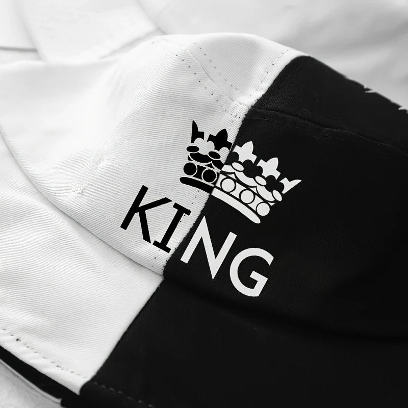 1pc "King" & "Queen" Crown Design Two-Tone Bucket Hat, Breathable Polyester,