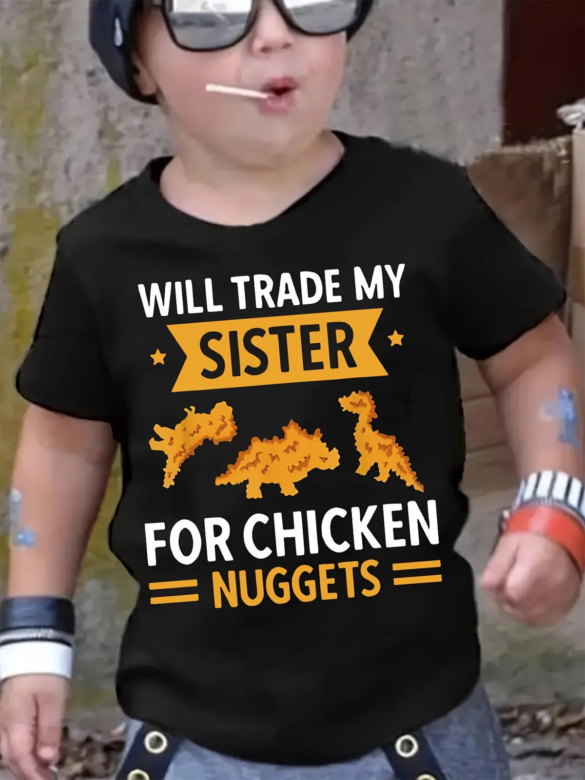 Boys Casual Crew Neck T-Shirt - Cartoon Chicken Nugget Dinosaur Print