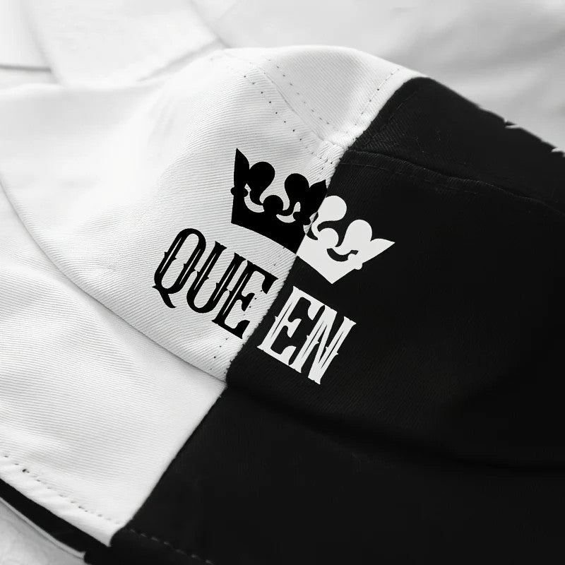 1pc "King" & "Queen" Crown Design Two-Tone Bucket Hat, Breathable Polyester,