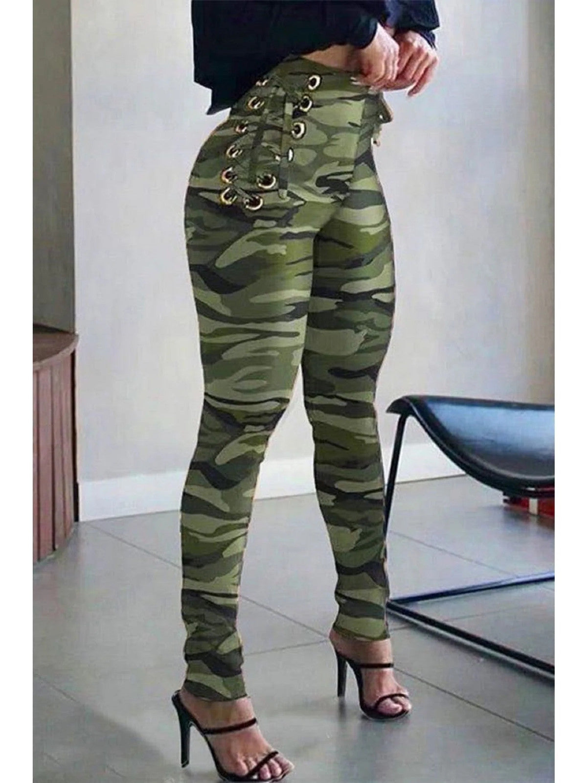 Camouflage printed high waisted lace buckle leggings