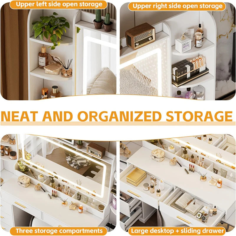 59" Large Vanity Desk with LED Lights Mirror, Makeup Table