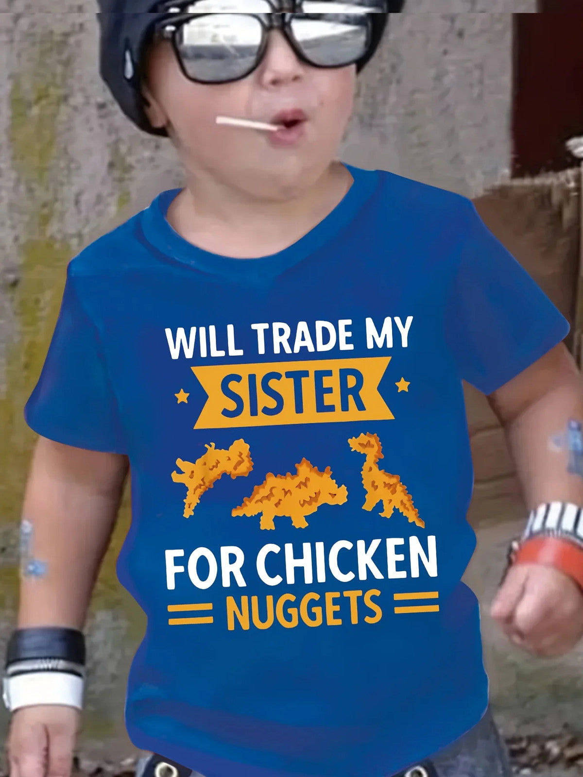 Boys Casual Crew Neck T-Shirt - Cartoon Chicken Nugget Dinosaur Print