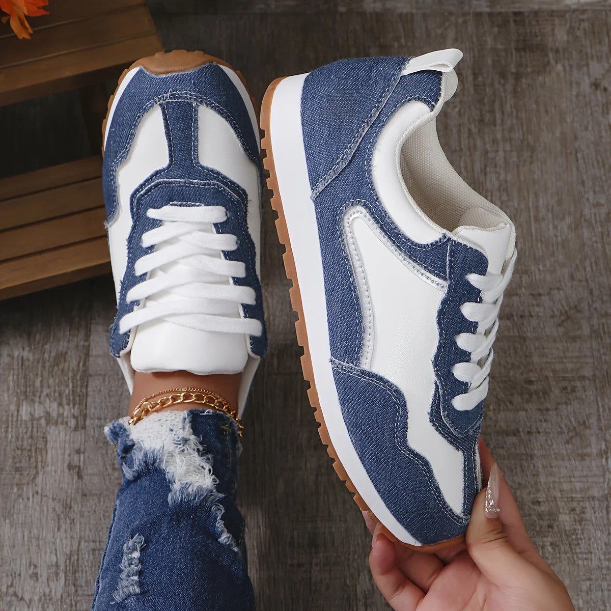 166-2 Blue Cloth White Shoelaces + White PU Versatile Comfortable Fashion