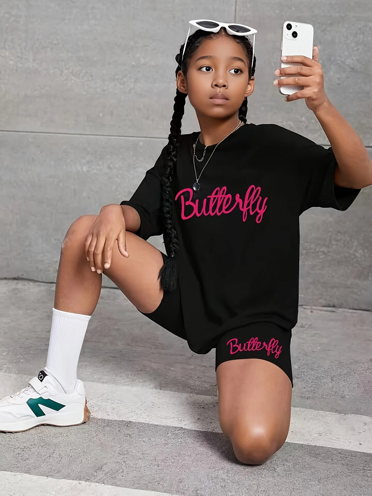 1 Set Girl's Vibrant Butterfly Graphic Tee + Shorts Co-ords Set - Soft,