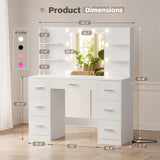 GUNJI Contemporary 7-Drawer Makeup Vanity with Adjustable Lighting & Power Outlet - White Wooden Dresser, 27" Height, 3.2 Cu Ft Storage, Built-in Shelves & Mirror for Bedroom, Bathroom, or Dressing Room, Vanity Accessories, M