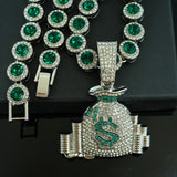 Luxury Hip Hop-Inspired Green Money Bag Pendant Necklace with Rhinestones - KC Golden Plated Zinc Alloy, Perfect for Daily & Party Occasions, Everyday Jewelry|Hip Hop Jewelry|Detailed Craftsmanship
