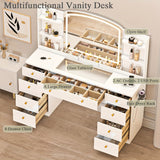 Modern White Makeup Vanity Desk with Large LED Mirror & Charging Station - Adjustable Brightness 3 Modes, Tempered Glass Top, Hardwood Frame, Built-In Power Outlet, No Assembly Required