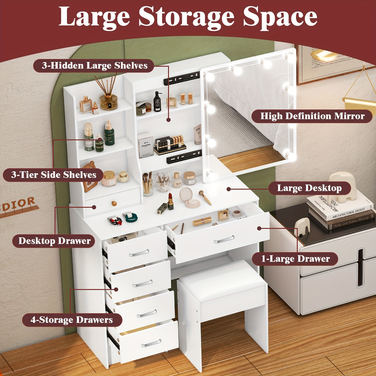 Modern Elegant White Hardwood Vanity with Illuminated Mirror & USB-Powered Lighting, 3 Adjustable Modes, Large Mirror with Hidden Storage Shelves, Multiple Drawers & Spacious Desktop - Space-Saving Makeup Organizer for Teen G