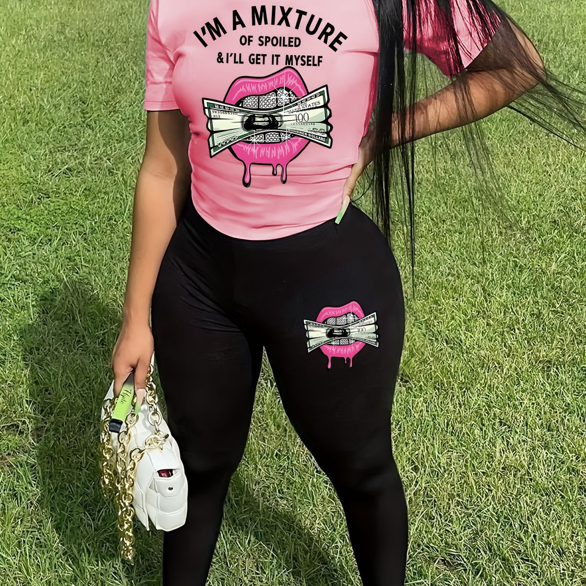 Women Elegant Alphabet Print Polyester Knit Fabric Pants Set Round Neck Casual Short Sleeve Top and Long Pants