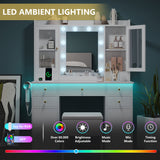 Vanity Desk Set with Mirror and Lights, White Vanity Table with Stool & 7 Drawers and Glass Cabinets, Makeup Table with 3 Lights Mode for Bedroom