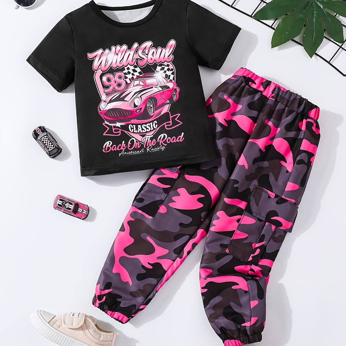 Girl Letter Car Pattern T-shirt + Camouflage Pattern with Flip Pocket Loose Work Pants  Set