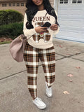 Women Casual Round Neck Long Sleeves Queen Letter Bear Print Sweatshirt Plaid Skinny Pants Set