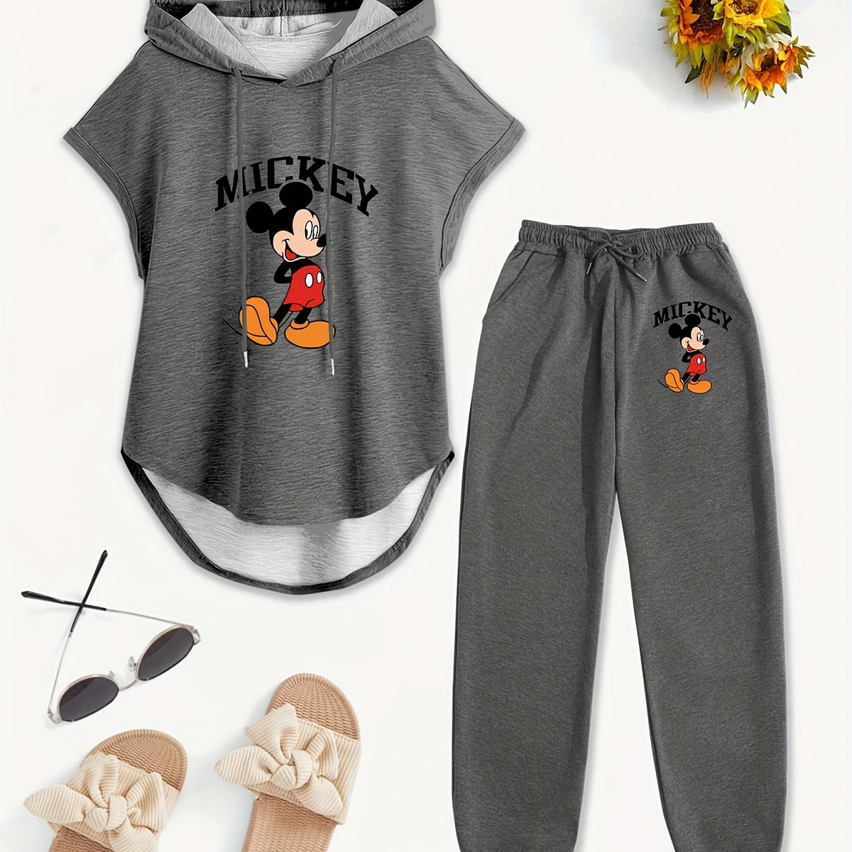 Women Licensed  Sleeveless Hooded Top  Drawstring Letter Print Pants Elastic Waist Set