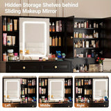 58.6" Large Vanity Desk with Sliding Mirror & Lights, Black Makeup Vanity Table & Nightstand Combo with Power Outlet and 6 Drawers 15 Shelves with Light Strips for Bedroom Dressing Room