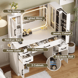 Maupvit Makeup Vanity with Lighted Mirror & Power Strip, Large Vanity Desk with Sliding Jewelry Storage Shelves, 4 Drawers, 3 Cabinets & Hairdryer Rack, 3 Lighting Modes, Bedroom Dressing Table, White