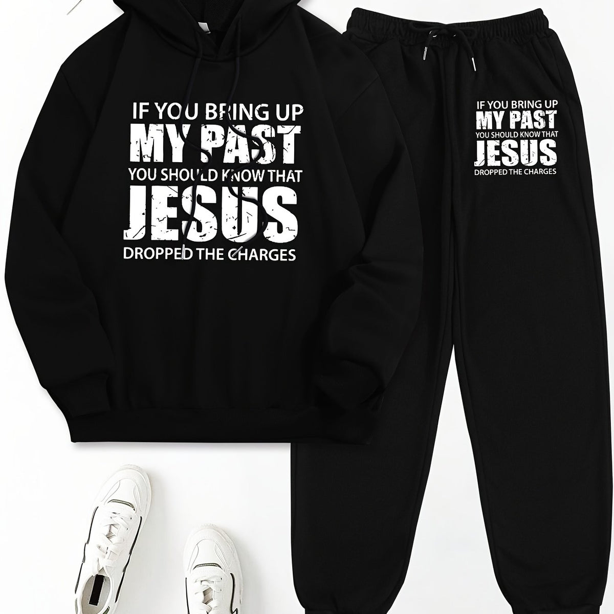 Women Casual Set"My Past" Jesus Quote Printed Hoodie & Sweatpants