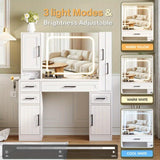 Maupvit Makeup Vanity with Lighted Mirror & Power Strip, Large Vanity Desk with Sliding Jewelry Storage Shelves, 4 Drawers, 3 Cabinets & Hairdryer Rack, 3 Lighting Modes, Bedroom Dressing Table, White