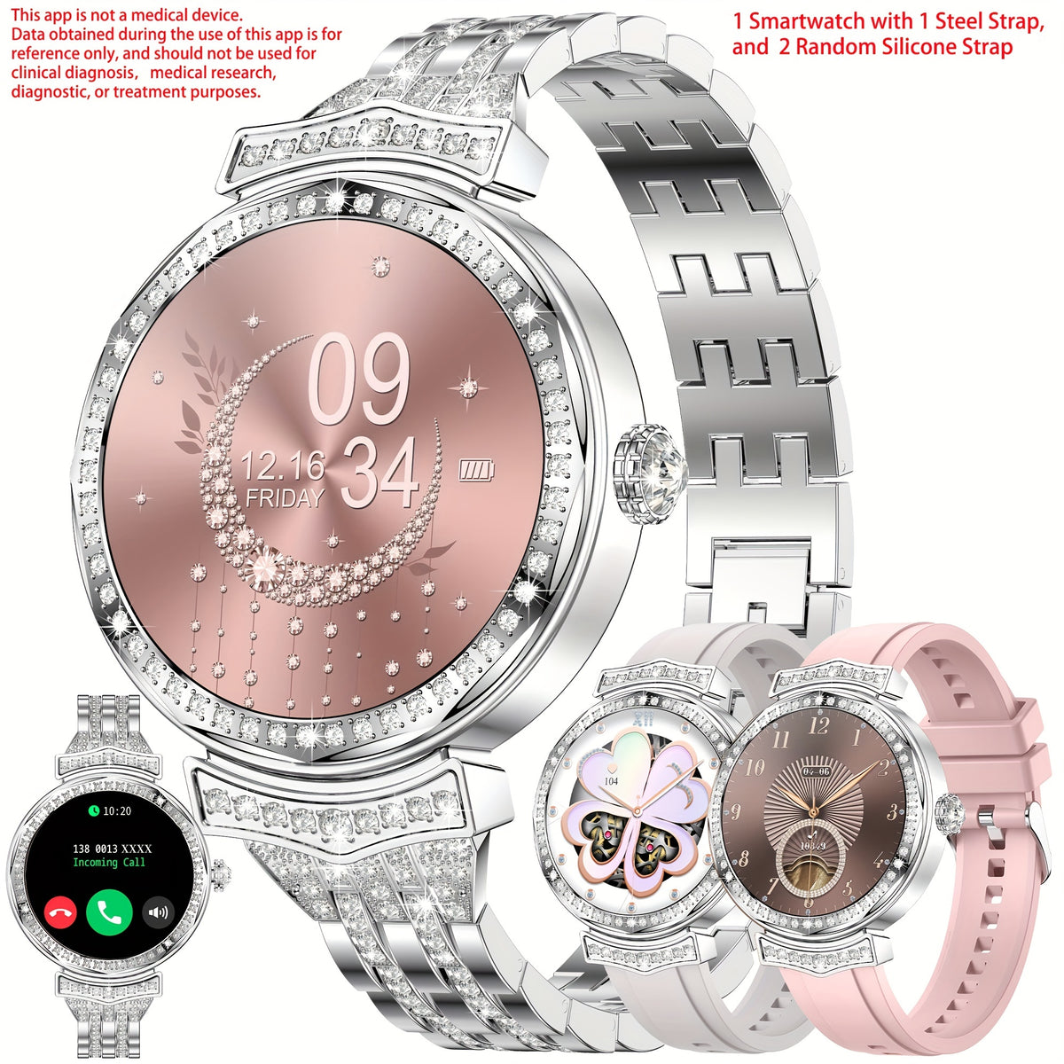 1.32" Rose Golden AMOLED Smart Watch for Women - Answer/Make Calls, Fitness Tracker with Sleep Monitoring, Step & Calorie Counter, Multi-Sport Modes, Wireless Compatible with Android/iPhone, Includes Steel & Silicone Straps,