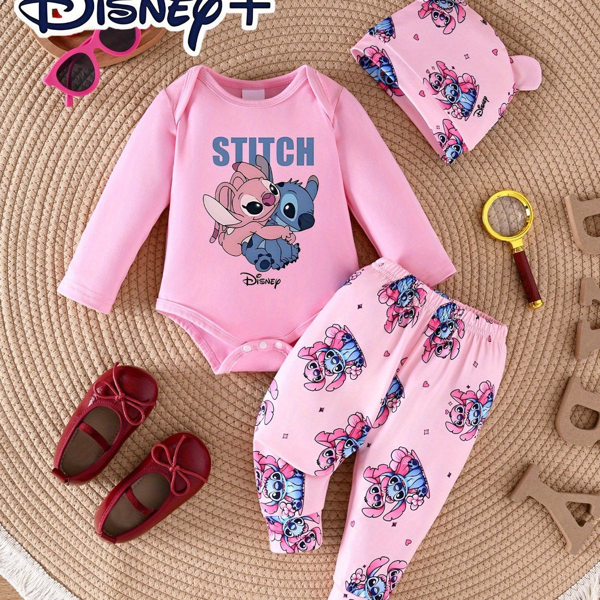 Boys and Girls Newborn Stitch and Angel Cartoon Print Three-Piece Set