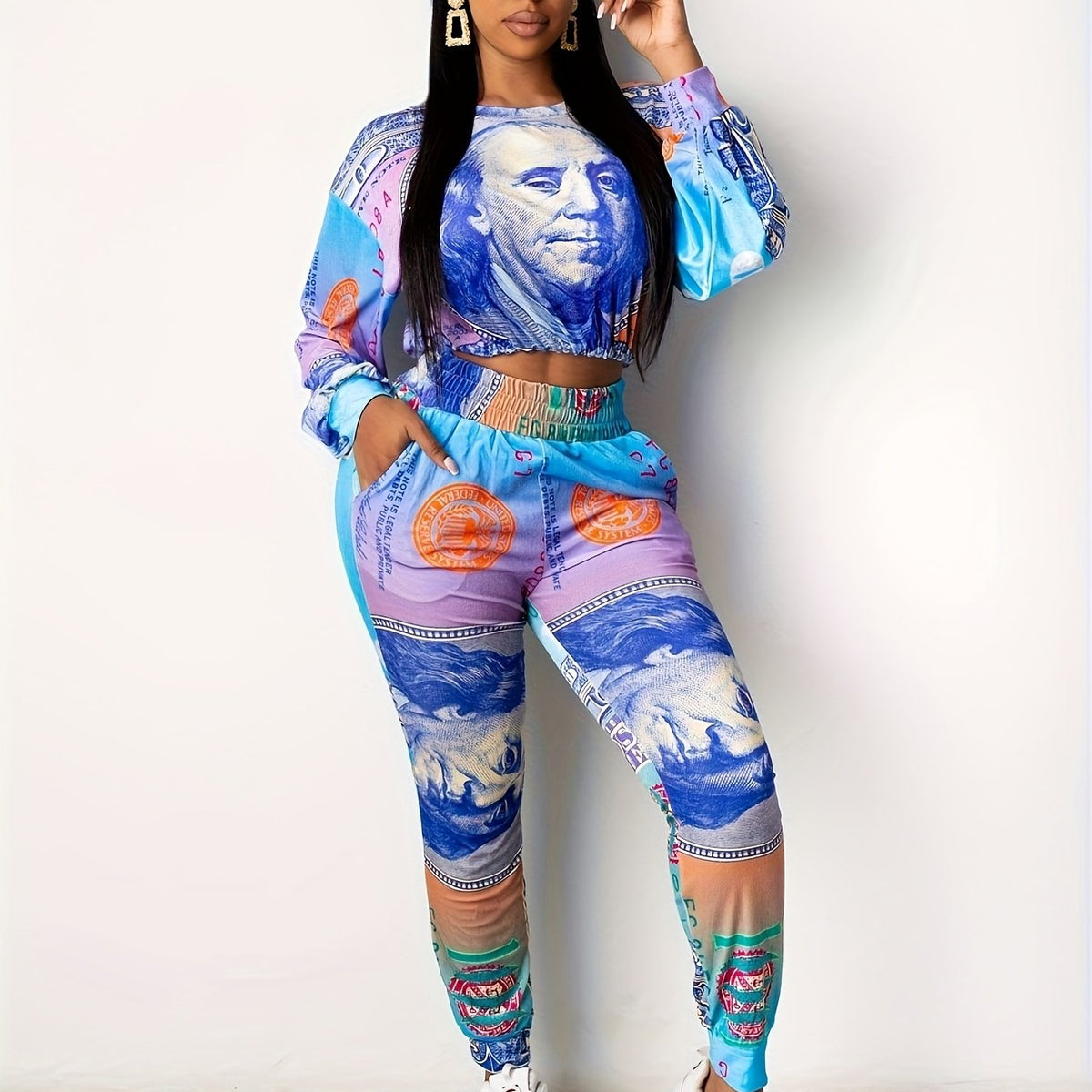 Women Leisure Fashion USD Positioning Printed Long Sleeved Long Pants Two-piece Set