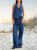 Women Denim Set Suits Button Backless Halter Neck TankTop Wide Leg Jeans