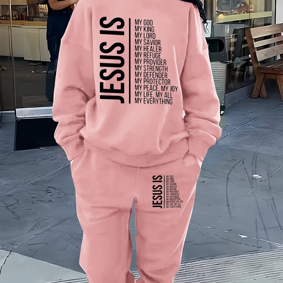 Women Letter Print Two Piece Crew Neck Sweatshirt & Pants Set