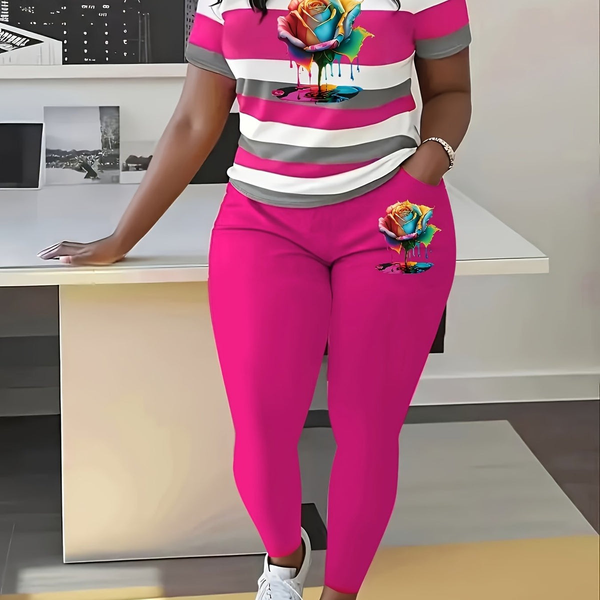 Women Casual Striped Short-Sleeve Top Long Pants Set Floral Stripe Patterns, Featuring Pocketed Pants.