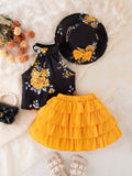 Baby's Elegant Flower Pattern 2pcs Summer Outfit, Halter Neck Sleeveless Top & Hat & Tiered Skirt Set, Toddler & Infant Girl's Clothes For Daily/Holiday/Party, Outdoor Cloth