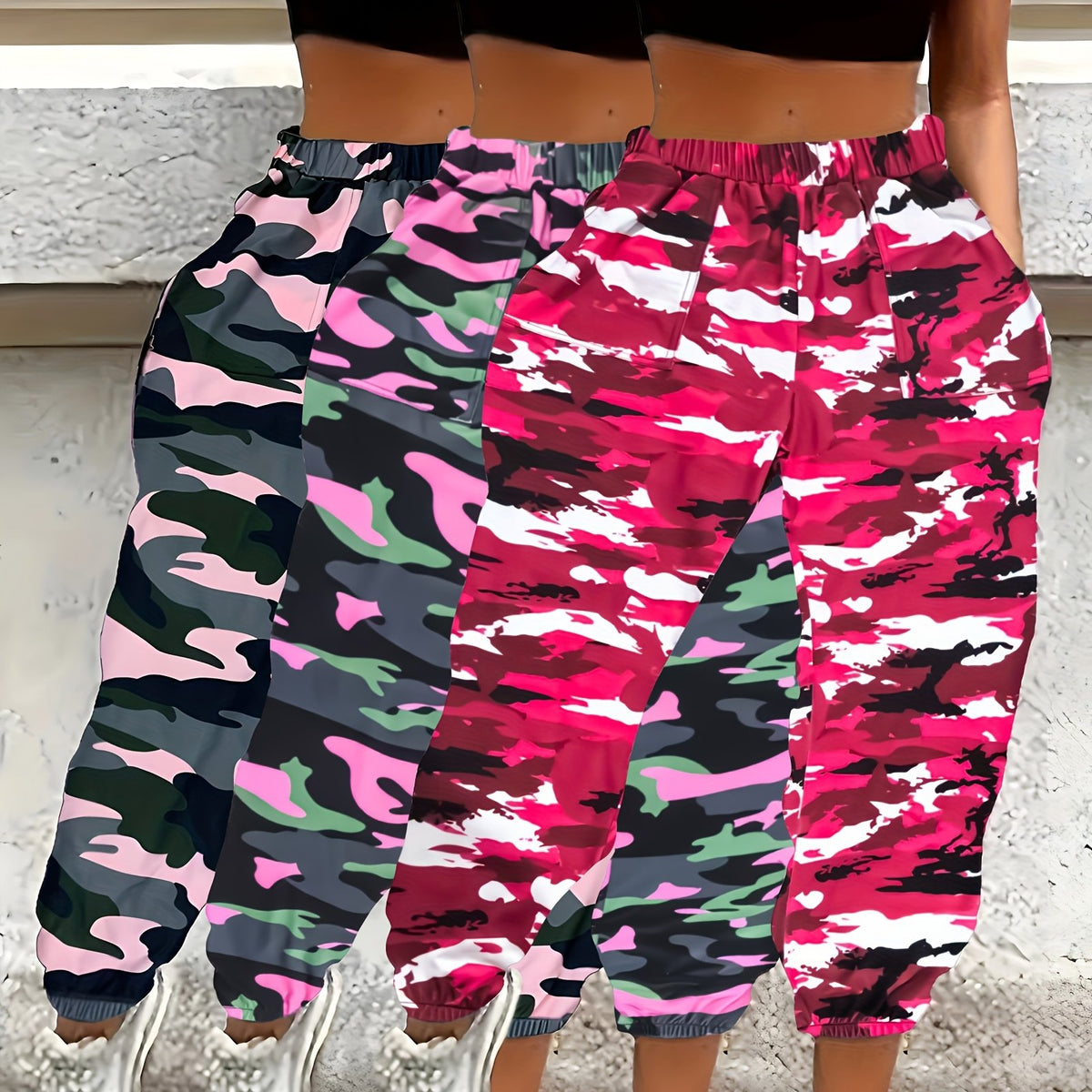 Women 3pcs Camo Joggers Comfortable Stretch Waist, Casual Cargo Pants with Pockets