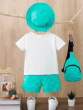 2pcs Adorable Bear Print Summer Outfit Bundle - Soft T-shirt, Cute Hat, Reusable Bag, and Elastic Waist Shorts for Infant & Toddler Boys - Stylish, Comfortable, and Practical Clothing Set