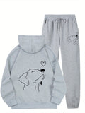 Women's Autumn and Winter Fleece-Lined Hoodie Set with Dog Print, Fashion Long Sleeve Sweatshirt Outfit