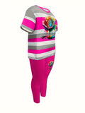 Women Casual Striped Short-Sleeve Top Long Pants Set Floral Stripe Patterns, Featuring Pocketed Pants.