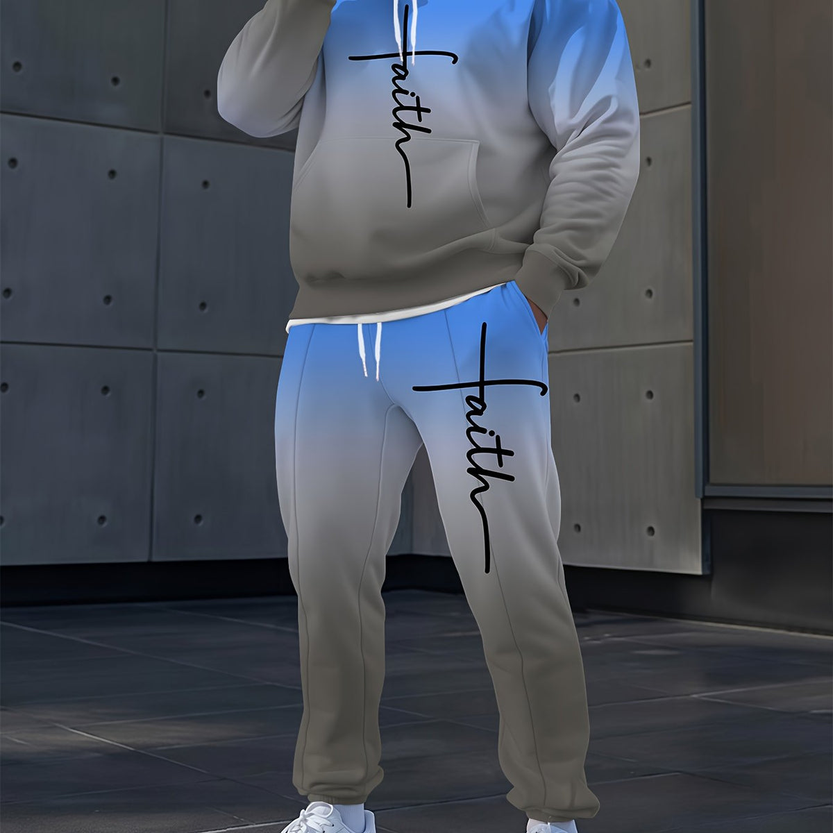 Men Casual Gradient Blue and Gray Hooded Tracksuit Set