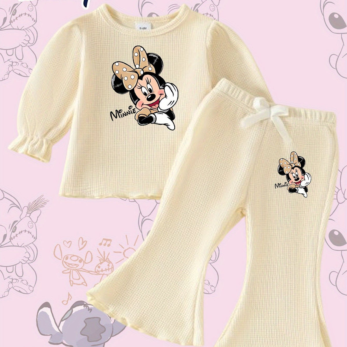 Girls Cute Mickey Mouse Cartoon Leopard Print Round Neck Bubble Sleeve T-Shirt with Bow Elastic Waist Pants Set